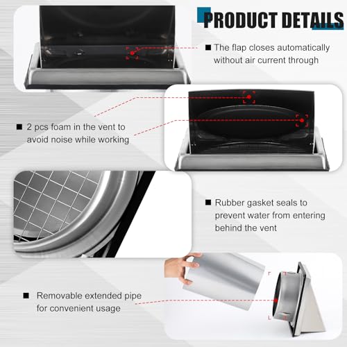 Image of Gisafai 6 Inch Outside Hooded Wall Vent Stainless Steel Exhaust Vent Cover Cap with Extension Pipe Grille Screen Backdraft Damper for Range Hood Whole House Fans and Commercial Ventilation Systems