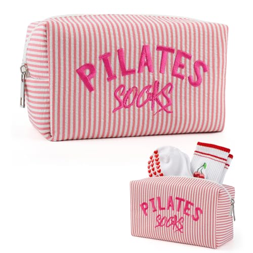 TIFFYONEK Pilates Grip Socks Bag - Embroidered Seersucker Pouch for Women - Cute Makeup Cosmetic Organizer & Gym Bag Accessory for Barre Yoga Reformer Studio - Pilates Princess Gifts (Pink Stripe)