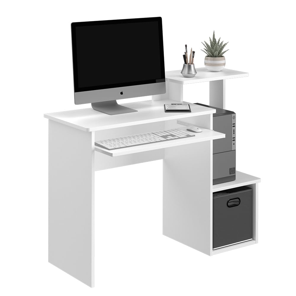 Vicco Bureau Karl, Blanc, 106x40cm | avec compartiments ouverts et plateau clavier coulissant
