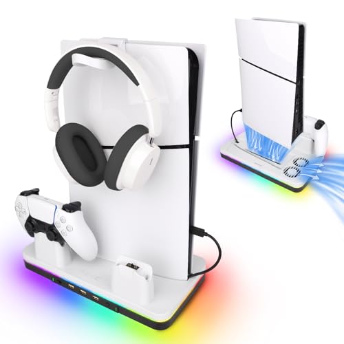 reiie Cooling Station for PS5 Slim(Digital/Disc),Dual Fast Controller Charging Station, PS5 Accessories:2 Hour Fast Controller Charger,Cooling Fans,Headset Holder,RGB Light&3 USB Port，Gift for Gamer