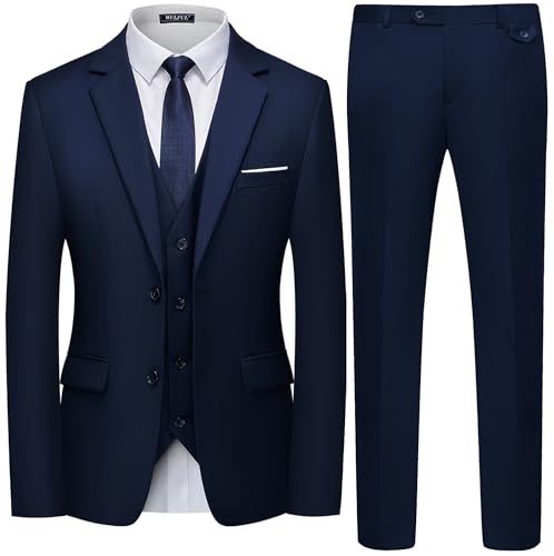 WULFUL Men's 3 Piece Slim Fit Suit Set Two Button Blazer Jacket Vest Pants Tuxedo Set for Party, Wedding and Business Navy