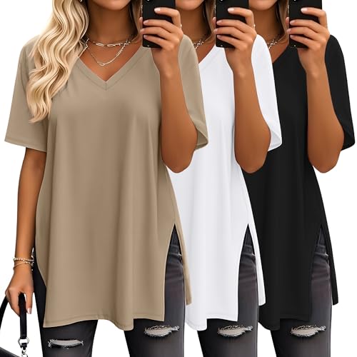 Huukeay 3 Pack Oversized Shirts for Women V Neck Workout T Shirt Casual Side Split Tee Short Sleeve Loose Tops Tunic Tops(Black White Khaki Medium)