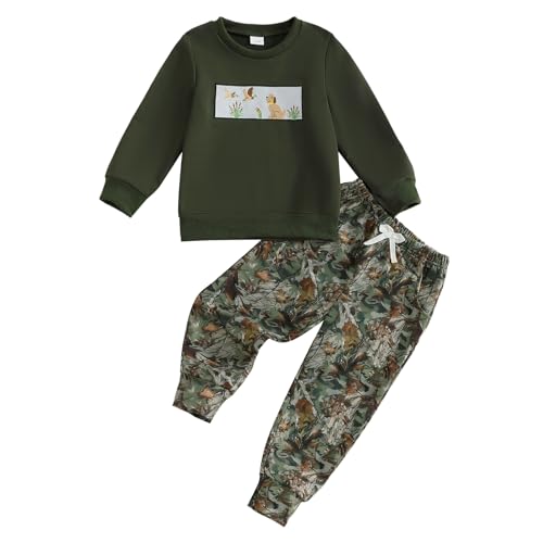 Toddler Baby Boys Fall Outfit Animal Embroidery Long Sleeve Sweatshirt and Long Pants 2Pcs Set Hunting Clothes
