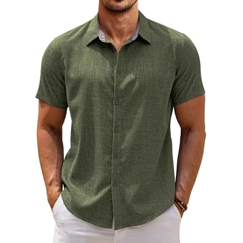 COOFANDY Mens Short Sleeve Button Down Shirts Casual Loose Fit Summer Beach Shirts Linen Texture Shirt