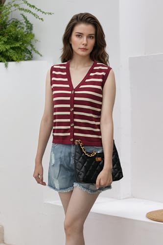 Image of Women's Striped Sweater Vest V-Neck, Fall 2025 Lightweight Cotton 100%, Vintage Button Cardigan Style Layering Staple for Turtlenecks & Jeans 18 Red L