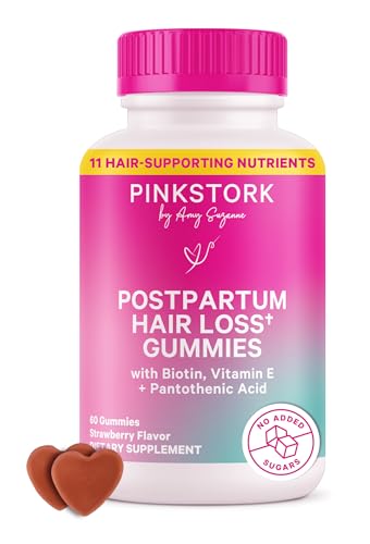 Pink Stork Postpartum Hair Loss Gummies - Biotin with Vitamin E, Pantothenic Acid, B6 & B12 for Beautiful & Strong Hair, Skin, and Nails - Postpartum Essentials for New Moms - 60 Gummy Vitamins