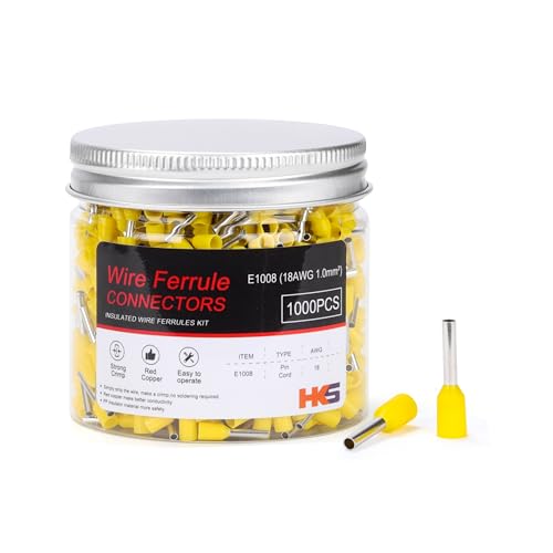 HKS 1000PCS Wire Ferrule Connectors - AWG 18-1.0mm² Copper Barrel Pin Cord Ends Insulated Ferrules Terminals - E1008 Yellow