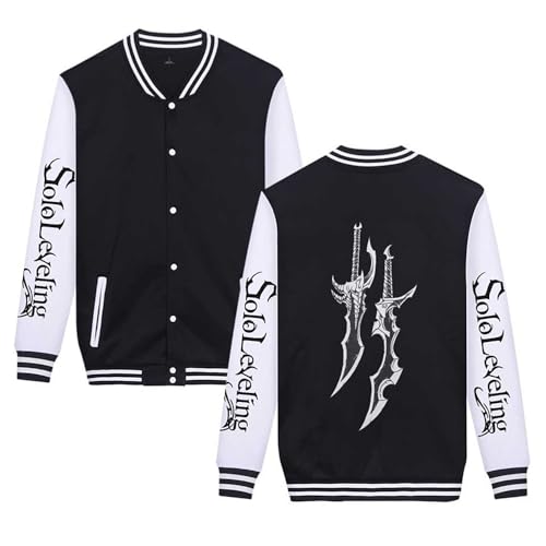 Charous Chaqueta de béisbol de dibujos animados de anime Solo Leveling Sung Jin-Woo, sudadera casual suave y cálida utilizada para fanáticos del manga y cosplay, Negro 2, M