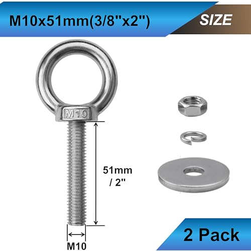Image of 2 Pack M10 Eye Bolts with Nuts, 304 Stainless Steel 3 /8 inch x 2 inch Heavy Duty Lifting Eye Bolts, Metric M10x51mm Ring Eye Bolt for Hanging, Tie Down, Outdoor & Hardware Fixing (2, 3 /8 inchx2 inch)