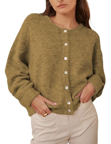 Image of Ynhonra Womens Cardigan Sweater Front Button Loose Y2k Long Sleeve Crewneck | Lightweight Knit Ribbed Hem