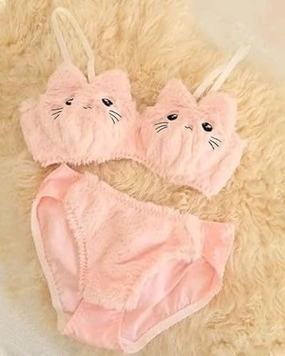 Image of Cute Kawaii Lingerie Set - Plush Kitty Design Adorable Bra and Panty Set in Soft Pink and Cream - Cosplay Lingerie Honeymoon Date Night Couple Valantine Day Gift Sexy Lingerie