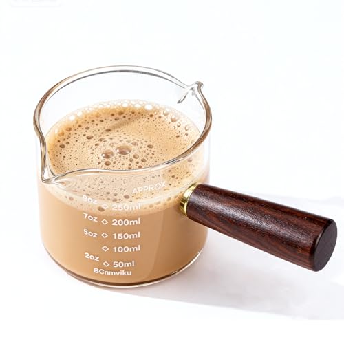 BCnmviku 250ml Espresso Glass with Dual Scale,Espresso Shot Glass with Wood Handle,Double Spouts Espresso Cups for Coffee,Milk