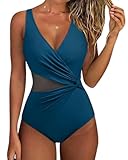 SUUKSESS Women Sexy Mesh Tummy Control One Piece Swimsuit Wrap Push Up Bathing Suit Retro Backless Cut Out Swimwear (Upgrade Peacock Blue,M)