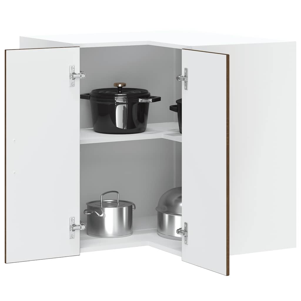 Eck-Wandschrank, Küche, Holz, Eiche, Braun | Glatte Oberfläche, feuchtigkeitsbeständig, verdeckte Tür, Wandhalterung, pflegeleicht, feuchtes Tuch