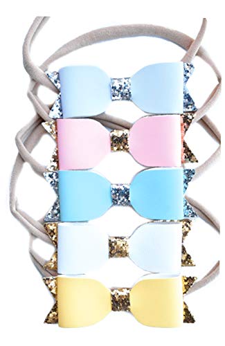 California Tot Faux Leather Bow - Super Stretchy Headbands for Baby Toddler Girls, Set of 5 (G5)