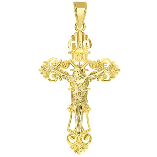 Jewelry America Solid 14K Yellow Gold Roman Catholic Cross With Jesus Inri Crucifix Pendant With Figaro Chain Necklace, 18" #TOP1