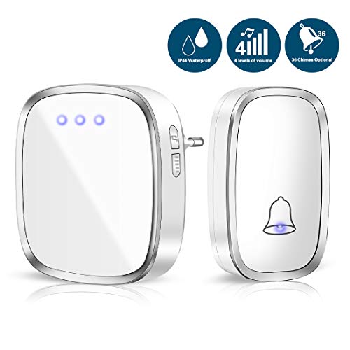 Preisvergleich Produktbild Funkklingel Türklingel, Hospaop Wasserdicht Funk Türklingel, Außenbereich Kabellose Türklingel 300M Reichweite, Plug In für die Steckdose mit LED anzeige, 36 Klingeltönen, 4 Lautstärkestufen - Weiß