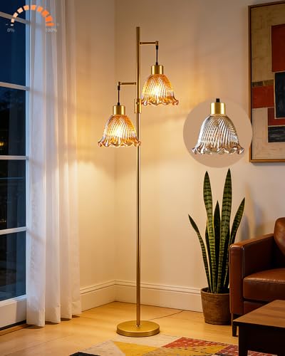 Image of Lightdot 2- Light Gold Flower Floor Lamp for Living Room, 65IN Dimmable Floor Lamps with Amber Glass Shade& Warm White Bulbs, Modern Standing Tall Lamp with 5Lbs Heavy Base for Bedroom Home Office