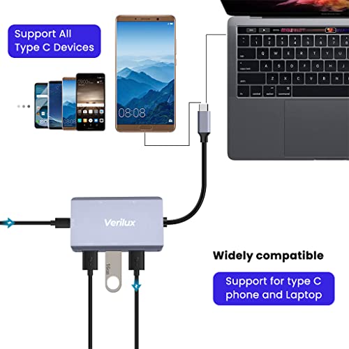 Image of Verilux 6 in 1 Portable Aluminum Type C Hub with TF /Micro SD Card Slot,3 USB 3.0 Ports DC 5V Charging Port Compatible for PC, Laptops,MacBook Pro /Air,Printer