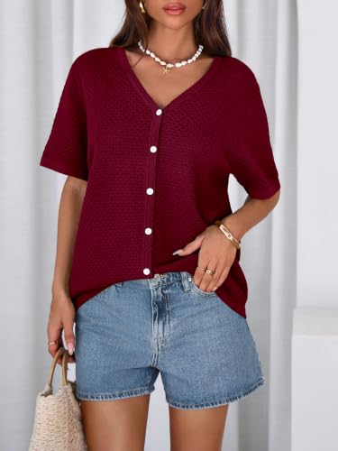 Image of NALANISA Women's Short Sleeve Sweater Spring Summer Crochet Knit Tops 2026 V Neck Striped Button Down Dressy Casual Blouses