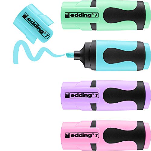 edding 7 minimarcador fluorescente - colores pastel - juego de 4 rotuladores fluorescentes - punta biselada 1-3 mm - en colores modernos - para bullet journal, escuela, colegio, universidad u oficina