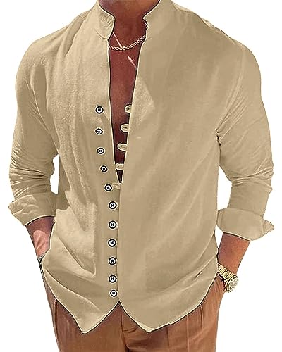 NANAMEEI Chemise Homme Lin Manches Longues Chemise Homme Col Mao Chemises Boutonné Hommes Eté Chemises de Plage Kaki L