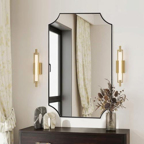Image of MIRRORART Contemporary Scalloped Black Bathroom Mirror 24x40'' /Oblong
