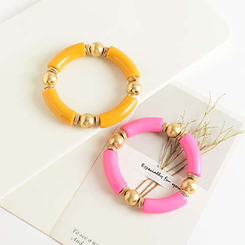 Gold Plated Beaded Acrylic Bamboo Tube Bangle Bracelets For Women, Colorful Chunky Curved Tube With Gold Pieces Beads Stretch Bracelet Friendship Summer Beach Jewelry (P-Orange&Watermelon Red 2Pcs) #TOP1