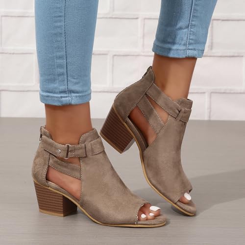 Womens Peep Toe Ankle Booties Chunky Heels Suede Side Cutout Back Zipper Sandals Ankle Strap Dressy Sandals4