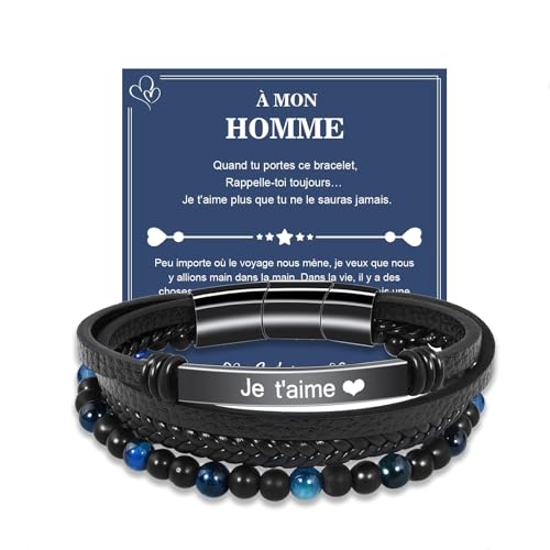 VGWON Cadeau pour Homme Bracelet cuir VéRitable avec Pierres Naturelles, Cadeau pour Couple Mari Petit-Ami Fils Papa Grand pere, Cadeaux Saint-Valentin Fete des Peres NoëL Anniversaire 237