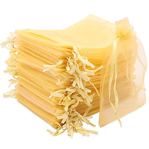 Leeyunbee 100Pcs 10x15 cm Bolsa de Organza Dorado, Bolsas para Envoltura de Joyas, Bolsitas de Organza de Regalo con Cordón para Boda Favores Joyas y Dulces