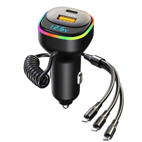 Alanph 100W USB C Car Charger 5 Ports Car Cigarette Lighter USB Charger Adapter, PD & QC3.0 Fast Charging with 4ft Type C Coiled Cable for iPhone/Samsung Galaxy S22/21/Google Pixel, 7 Colorful