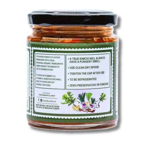 Image of MAVI's Radish Kimchi | Korean Style Vegan Kimchi | Artisanal Probiotic Pickle | 100% Natural & Organic | No Preservatives, Artificial Flavour or Colour | Pack of 1 (200g)