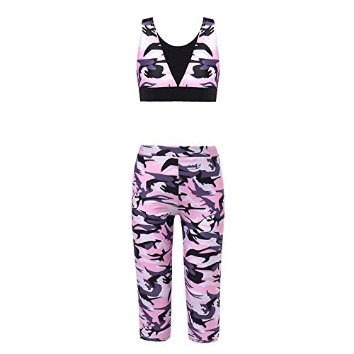 Yeahdor Girls Camouflage Athletic 2 Pcs Dance Outfit Crop Top with Capri Pants Gymnastics Activewear