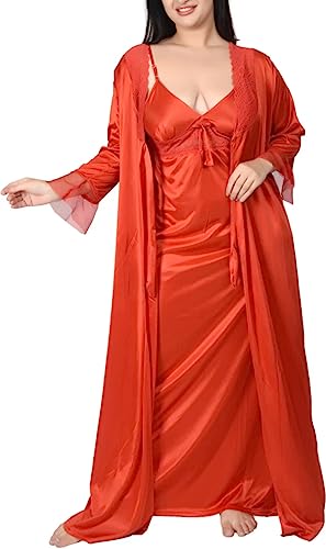 Image of Women's Satin Solid Maxi Nighty Full Sleeve 1 Nighty, 1 Wrap Gown Night Dress Ladies