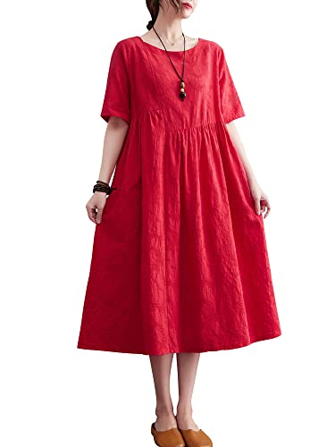 Mingzhe Vestido feminino solto com bolsos manga curta vestido casual de férias vermelho 2XL