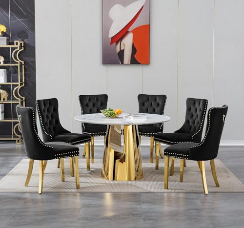 Image of 7-Piece Round Dining Table Set for 6, Modern Faux Marble Kitchen Table and Black Velvet Chairs Set of 6, Luxury 45 inch Circle White Gold Dining Room Tables with Stainless Steel Base