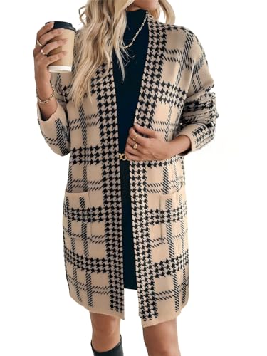 Image of SunnyMelody Womens Houndstooth Long Plaid Knit Cardigan Cozy 2025 Fall Winter Long Sleeve V Neck Open Front Outerwear Loose Fit Pockets Cardigans Dressy Casual Sweaters Outfits Camel S