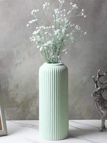 Image of KREATIVE ART'S Modern Ribbed Design Ceramic Flower Vase for Living Room, Flower Pots for Artificial Flower, Home Decoration Item, Home Decor, Vases for Living Room (Light Green, Large)