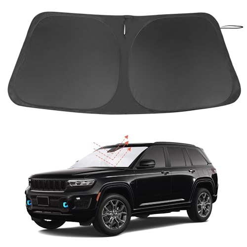 Image of Windshield Sun Shade Custom Fit for 2022 2023 2024 2025 2026 Jeep Grand Cherokee 4XE Accessories Foldable Window Sunshade Protect Car from Sun Rays & Heat Damage Keeps Car Cooler
