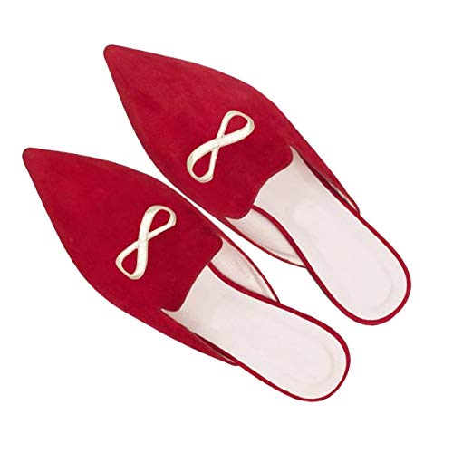 Image of Fericzot Women's Velvet Backless Pointed Toe Slip On Loafers Flats Embroidery Mule Slippers Shoes