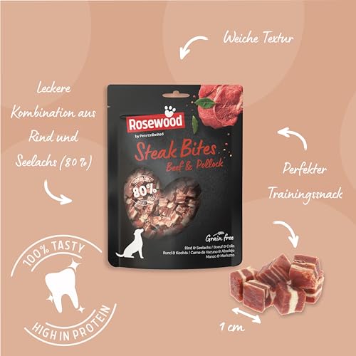 Rosewood Steak Bites Rind & Seelachs – Zarter Trainingssnack für Hunde, hoher Fleisch-/Fischanteil, ohne Getreide, ohne künstliche Zusatzstoffe, 100 g