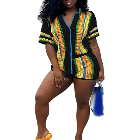 Quzzion Women 2 Piece Outfits Knitted Shorts Set Summer Crochet Knit Vacation Color Block Button Shorts Sets Cover