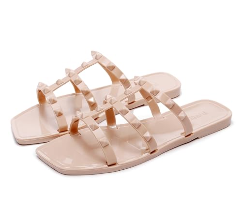 Image of Women Flats Sandals, Studded Jelly Shoes Size 9 Red Dressy Summer Beach Rivets Strappy Jellies Slide Slip On Open Toes