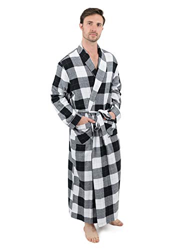 Leveret Mens Robe Flannel Robe Christmas Robe Black/White Plaid Size Large
