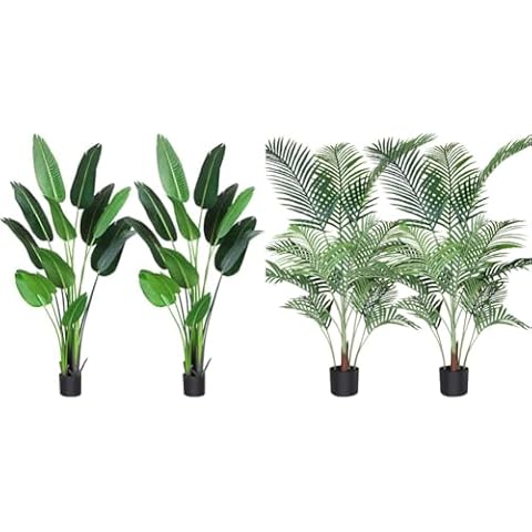 Fopamtri Artificial 6 Feet Bird of Paradise Plant with 13 Trunks and 4.6 Feet Areca Palm Plant with 15 Trunks Faux Trees for Indoor Outdoor Modern Decor,2 Pack Cover