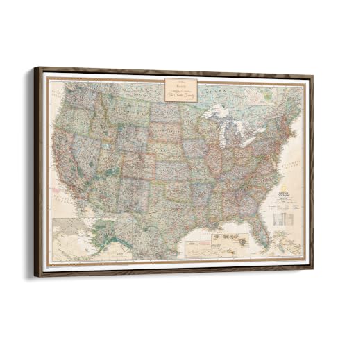 Image of Executive United States Map with Pins - Detailed National Geographic USA Canvas Travel Tracker - Extra Large Framed Wall Art - Brown Float Frame - 34 inch x 51 inch