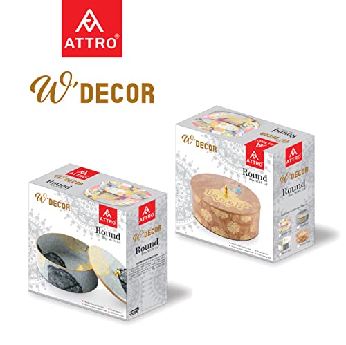 Image of Attro Circle Gold Designer Wooden Round Multipurpose Box with Lid for Kitchen Storage Box, Chapati Box, Chocolate Box