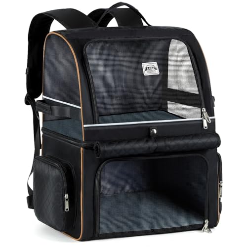 Lekespring Doppellagige Katzen Rucksack für 2 Katzen Große Katzen Transport Rucksack Faltbare Haustier Rucksack für Katzen Hunde bis 11kg - Schwarz