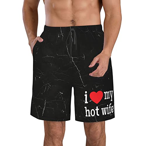 I Heart My Hot Wife I Love My Hot Wife Gift Swim Trunks Bathing Suit Board Shorts Swimsuit Mesh Lining and Pockets White4